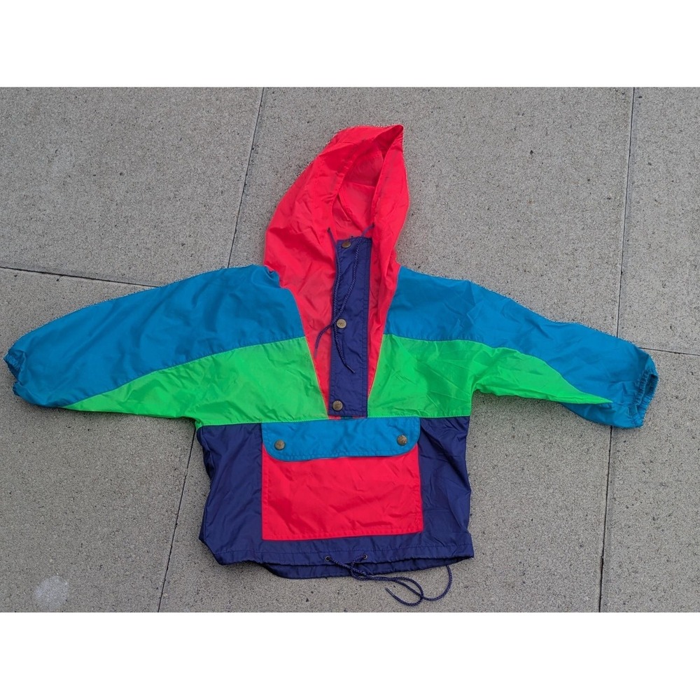Vintage SOS Jacket Kids Size 5/6 Multicolor Nylon Hooded Anorak Colorblock 80s